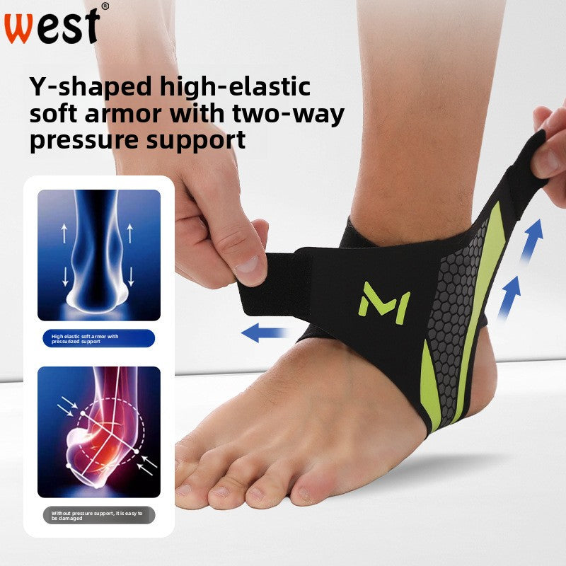 Black and neon-green adjustable ankle compression brace worn on a foot
