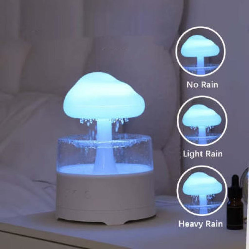 White mushroom cloud shaped aroma diffuser humidifier glowing blue with water droplets