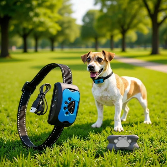 Black and purple anti-bark dog training collar with paw-shaped button