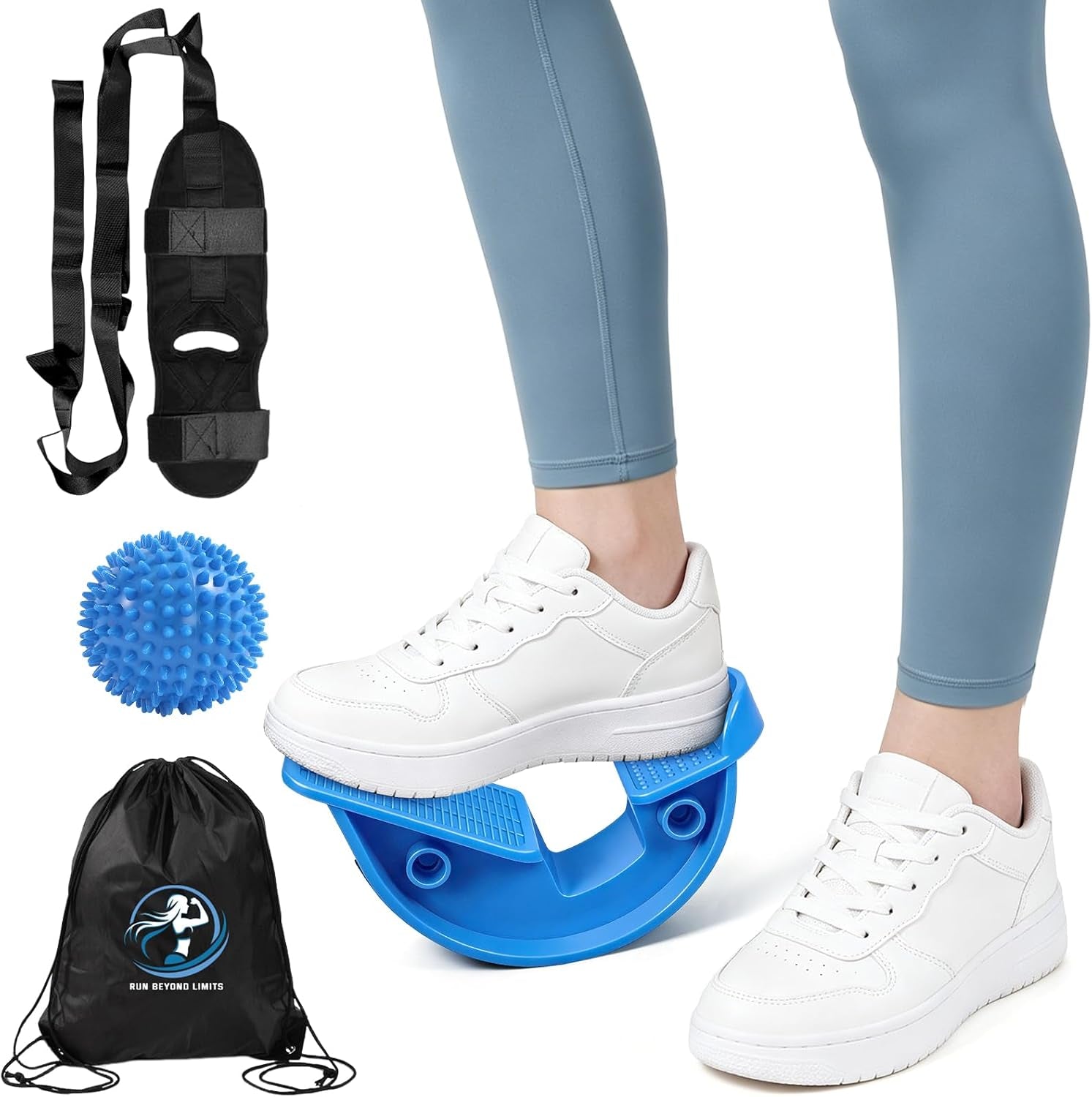 Calf Stretcher and Foot Rocker for Plantar Fasciitis - Leg Stretching Strap, Hamstring and Calf Stretcher, Suitable for Stretching Legs and Thighs (Blue)