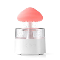 White mushroom cloud shaped aroma diffuser humidifier glowing blue with water droplets