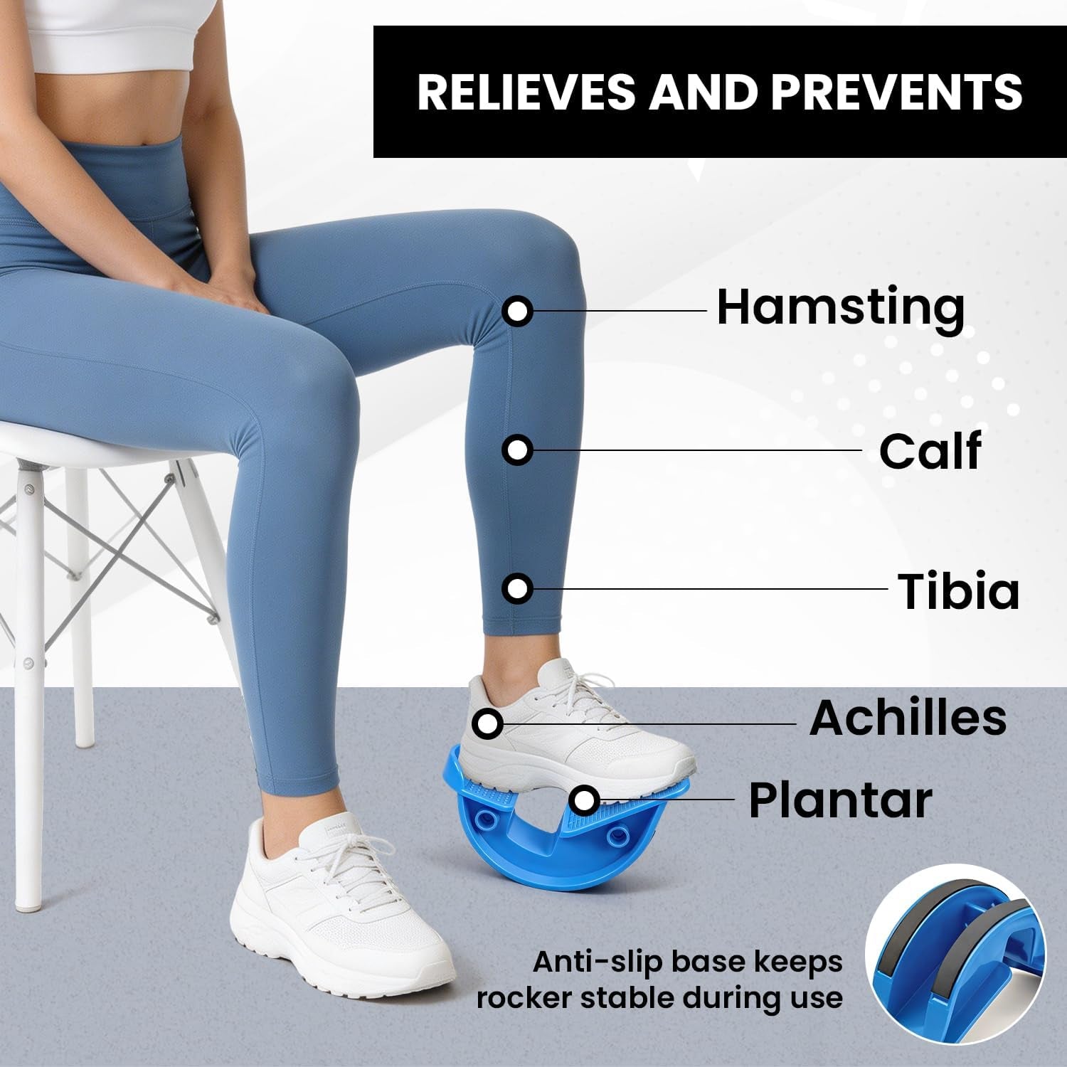 Calf Stretcher and Foot Rocker for Plantar Fasciitis - Leg Stretching Strap, Hamstring and Calf Stretcher, Suitable for Stretching Legs and Thighs (Blue)