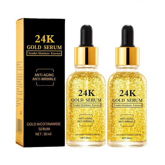 Two gold-glitter dropper serum bottles with black caps, 24K gold anti-aging face serum